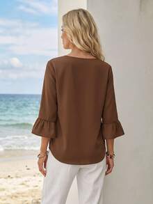 EMERY ROSE Women's Spring All-Over Print Notch Collar 3/4 Sleeve Work Shirt - Brown - View 2