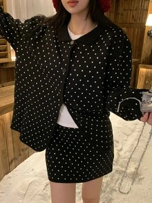 DAZY Women's Polka Dot Pattern Long Sleeve Single-Breasted Knit Cardigan And Knit Skirt Casual Set - Black - View 3