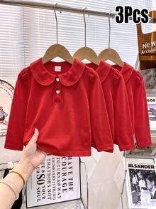 Elladie kids 女童白色3件組長袖 Polo 衫，彼得領搭配精緻愛心鈕扣，基本純色修身長袖 T 恤，適合返校季 - 紅色 - 查看 6