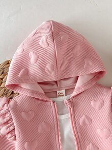 Cozy Pixies 女嬰女童心形層次感連帽短袖長袖夾克與鬆緊腰長褲2件套，適合秋冬，休閒時尚，百搭 - 粉色 - 查看 4