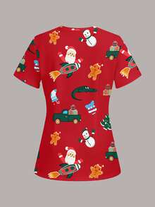 PopScrub Fun Christmas Red Santa Claus Snowman Gingerbread Man Socks Car Women's Scrub Uniform Top - Multicolor - View 2