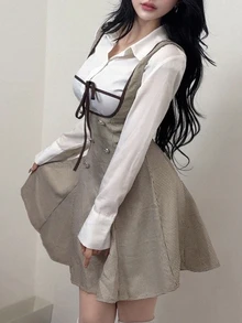 FRIFUL Women's Low-Cut Double-Row Denim Design Casual Suspenders Short Dress - Khaki - View 4