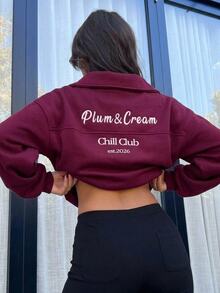 Aloruh Women's Autumn/Winter New Sweatshirt Jacket, High Neck Sweatshirt, Purple-Red Sweatshirt, Slogan Sweatshirt - Red Violet - View 1