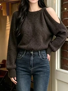 INAWLY Autumn Sweet Fluffy Cold Shoulder Round Neck Sweater - Coffee Brown - View 3