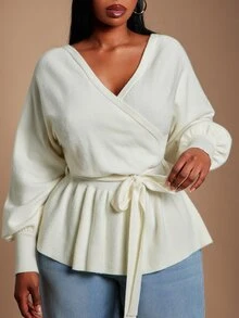 SHEIN SXY Plus Size Women's Solid Color V-Neck Knotted Waist Casual Versatile Long Sleeve Sweater - White - View 10