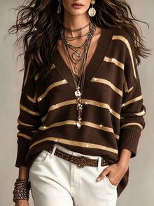 SHEIN Fall Daily Style V Neck Two Tone Stripe Drop Shoulder Knit Top - Coffee Brown - View 4
