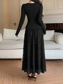 Modelyn 春秋優雅時尚通勤溫柔風 收腰顯瘦蕾絲喇叭裙 遮肉女款兩件套 - 黑色 - 查看 2