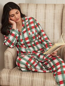 Doze Lane Minimalist Classic Red & Green Plaid Button-Down Plus Size Pajama Set, Casual Comfortable Lapel Loungewear - Multicolor - View 4