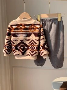 SHEIN 男女嬰兒/幼兒 2件組秋冬保暖內裡加厚可愛毛絨運動衫套裝，嬰兒冬季套裝/衣物，聖誕 - 淺灰色 - 查看 2
