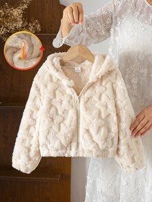 SHEIN 女童秋冬休閒杏色毛絨短夾克，前拉鍊開襟，提花愛心與條紋設計，可愛連帽開襟衫 - 杏色 - 查看 6