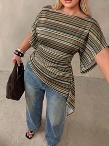 Auralis 大尺碼女款條紋短袖修身船領蝙蝠袖抓皺不對稱下擺T恤，休閒日常通勤商務，夏季秋季復古風 - 彩色 - 查看 1