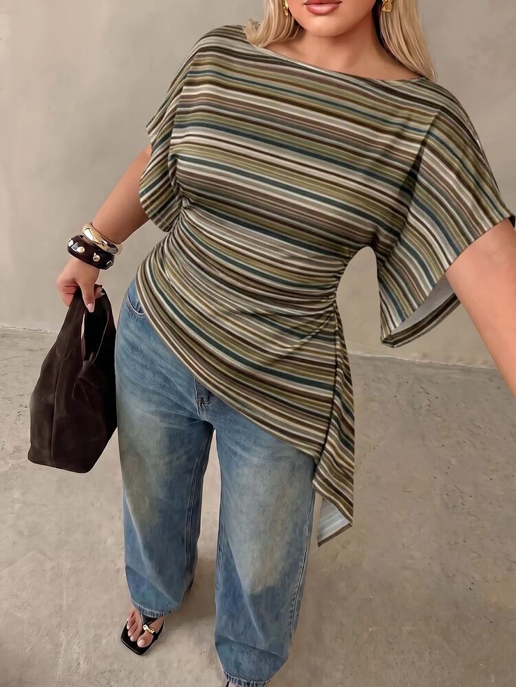 Auralis Plus Size Women Striped Short Sleeve Slim Fit T-Shirt Boat Neck Batwing Ruched Asymmetrical Hem T-Shirt Casual Daily Office Business,Summer,Fall,Retro - Multicolor - View 1