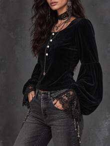 LUMIGAL Women's Black Velvet Contrast Lace Trim Blouse - Black - View 6