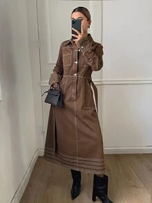DAZY Women's Long Sleeve Single-Breasted Multi-Pocket Casual Denim Shirt Dress - Brown - View 2