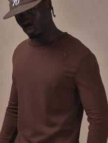 Musero Asymetric Long Sleeve Waffle Top Crew Neckline Autum Winter Essentials - Brown - View 5