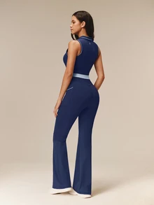 OutZeal One-Piece Women Outdoor Jumpsuit Casual Studio Bra-In Front Half Zip Flared Leg With Pockets - Navy Blue - View 7