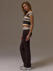 Musera Sport Striped V Neck Fitted Top With Fitted Flare Yoga Pants Fall Winter Autumn Fitness Gym Pilates - Coffee Brown - View 2
