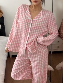 Napfluff Pink & White Plaid Trim Contrast Collar Long Sleeve Pants Pajama Set For Women - Pink - View 5