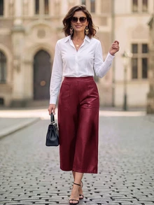 EMERY ROSE Women's Fashion Versatile Casual Commute Going Out Night Wide Leg Long Pants Halloween Black Fall - Burgundy - View 4