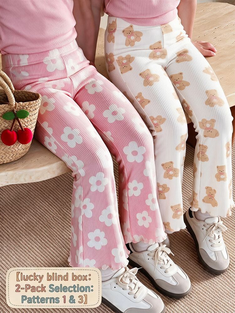 RANDOM 4pcs PACK 2 Packs, Baby Girls, Vintage Dopamine Floral Polka Dot Bear Heart Pattern, Flare Pants 2 Pieces Set, Korean Style, Casual Comfortable, Fashion Kids Wear, Y2K, Kawaii, Party, Daily, Vacation, Cute, Comfortable - Multicolor - View 3