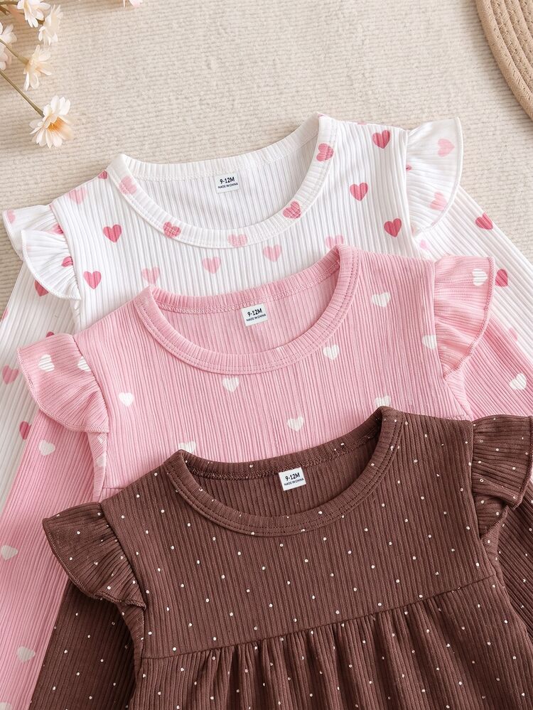 SHEIN Playful Pals Toddler Baby Girls Top Pants Set Cute Sweet Pink White Brown Heart Print Polka Dot Ruffle Long Sleeve Round Neck Regular Holiday Party Fall Cozy Rib - Multicolor - View 3