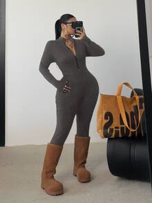 POPSWAY Plus Size Black Long Sleeve Long Jumpsuit With Front Zipper, Cinched Waist, Slim Fit, Minimalist, Solid Color, Versatile Everyday Wear - Grey - View 6
