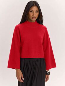 SHEIN BAE كنزة نسائية جديدة بياقة نصف عالية وأكمام راجلان فضفاضة بطول 3/4 بتصميم مريح متعدد الاستخدامات وإطلالة جذابة - Fiery Red - مشاهدة 8