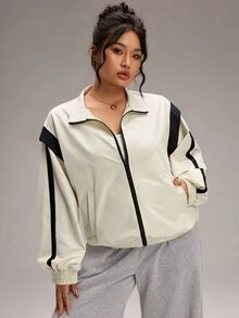 EMERY ROSE Plus Size Women's Colorblock Long Sleeve Zip-Up Casual Jacket - Beige - View 6
