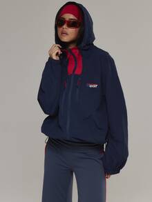 Musera Sport Contrast Colour Panel Zip Through Sport Logo Nylon Style Loose Fit Jacket Active Outdoors Workout Gym Terra Peak - Navy Blue - View 1