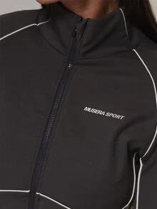 Musera Sport Contrast Colour Piped Fitted Cinched Zip Through BBL Style Coord Jacket Active Outdoors Workout Gym Terra Peak - Black - View 6