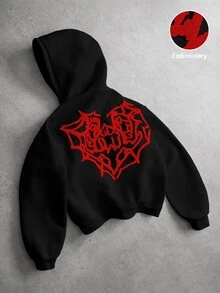 PAVTROS 男士淺粉色連帽衛衣，秋季街頭風圖案蜘蛛網與愛心3D刺繡「LOVE」連帽運動衫，節日返校Y2K男士禮物 - 黑色 - 查看 1
