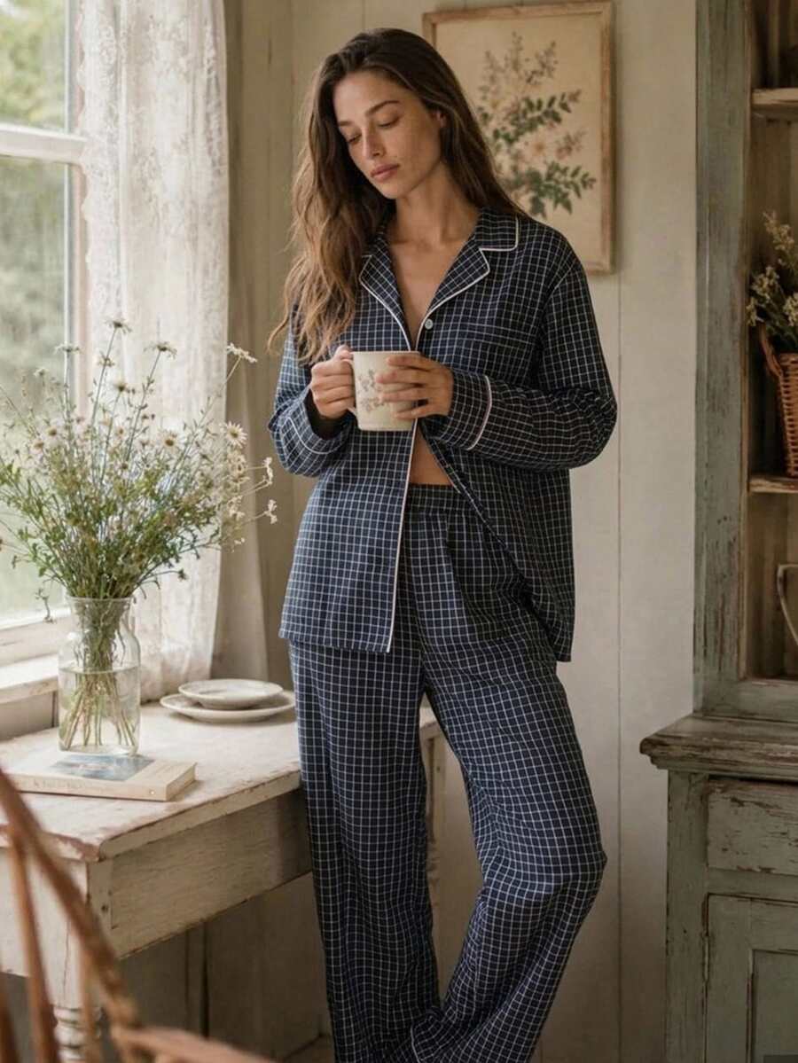 DAZY Set Piyama Atasan dan Celana Lengan Panjang Bermotif Kotak-kotak untuk Wanita - Navy Blue - View 1