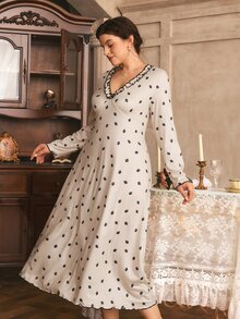 Côtesoire Plus Size Women's French Romantic Ditsy Floral Long Sleeve A-Line Maxi Nightgown - Apricot - View 6