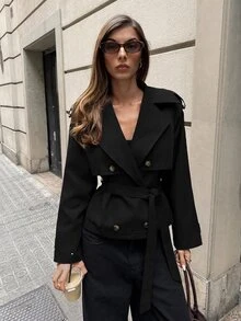 Aloruh 女款純色腰帶休閒法式優雅百搭日常通勤風衣外套 辦公旅行棕色調 秋季 - 黑色 - 查看 5