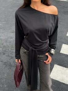 FavEase Women's Autumn Minimalist Asymmetrical Shoulder Casual Long Sleeve Tie-Front T-Shirt Top - Black - View 6