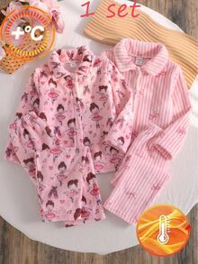 Girls Pink Fleece Bow & Heart Pattern Lapel Front Button Long Sleeve Pants Pajama Set - Multicolor - View 9