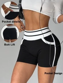 Slayform Seamless Knit Contrast Color Pocket Sports Shorts - Black - View 6