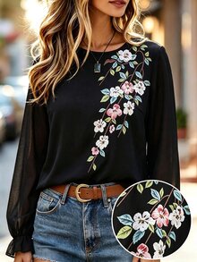 Velvienne Plus Size Vintage Floral Print Shirt For Vacation, Office And Travel - Black - View 1