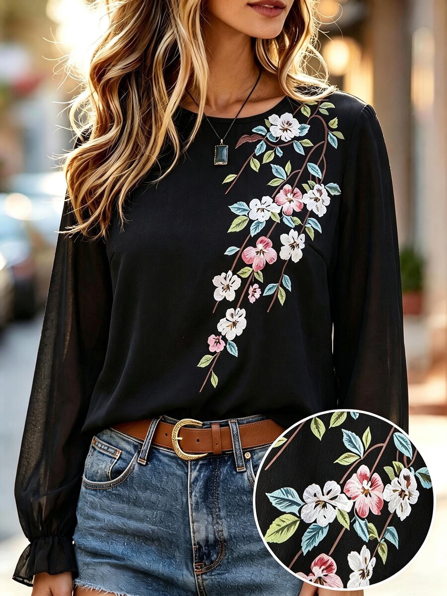 Velvienne Plus Size Vintage Floral Print Shirt For Vacation, Office And Travel - Black - View 1