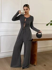 DAZY Women's Korean Style Tie-Up Long Sleeve Top And Pants 2 Pieces Set - Grey - View 4
