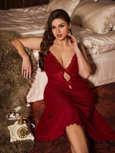 Slumberist Nuisette camisole grande taille sexy en dentelle semi-transparente avec patchwork, nœud décoratif, polaire côtelée, douce et confortable