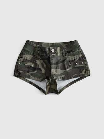 Y2K Camouflage Ultra-Tief-Taille Sexy Vintage Distressed Totenkopf Nieten Damen Denim Shorts