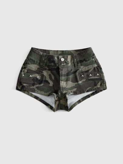 ROMWE Y2K Camouflage Ultra Low Waist Sexy Vintage Distressed Skull Studded Women's Denim Shorts