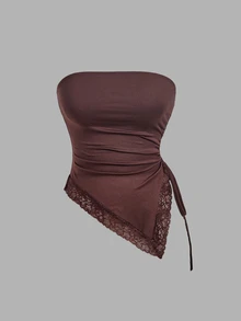 SHEIN MOD 2pcs Women's Solid Color Ruched Side Drawstring Lace Hem Tube Top - Brown - View 9