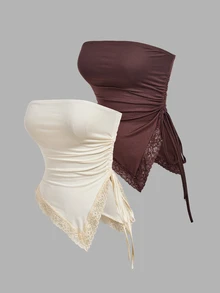 SHEIN MOD 2pcs Women's Solid Color Ruched Side Drawstring Lace Hem Tube Top - Brown - View 1