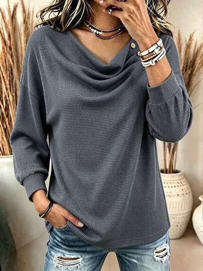 Zayélia Women's Autumn Slouchy Waffle Knit Top With Stacked Collar, Asymmetric Buttons, Loose Long Sleeve Blouse, Suitable For Street, Outing, Home And Casual Wear