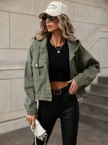 SHEIN Frenchy Plus Size Women's Long Sleeve Hooded Fashion Loose Casual Denim Jacket - Army Green - View 5