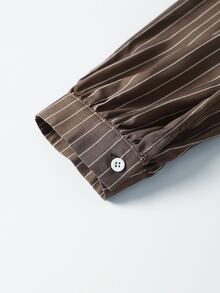 Linhara CURVE Plus Size Casual Brown Striped V-Neck Lace Patchwork Long Sleeve Blouse - Coffee Brown - View 6