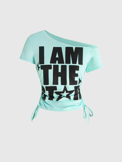ROMWE Avant Women's Letter Print Asymmetrical Shoulder Casual Daily T-Shirt