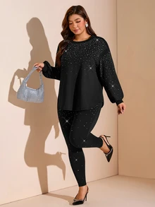 Easowa Curve Plus Size Women's Rhinestone Long Sleeve Top And Pants Casual Daily 2 Pieces Set - Black - View 5